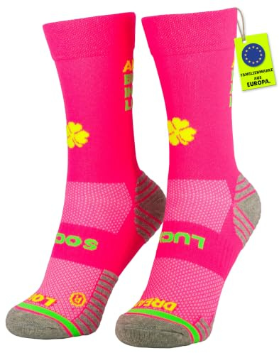 Lucky Socks – Laufsocken für Damen & Herren – Hochwertig, Atmungsaktiv & Besonders Bequem – Mit Motiv: Always believe in your luck – Neonfarbenes Design – Größe 39-42