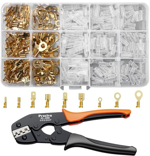 Crimpadora Terminales Eléctricos, Alicates de Crimpado(0,5-2,5mm²) para Conectores Pala/Faston, Kit 300pcs Terminales + Fundas, para Electricidad Auto Moto y Hogar