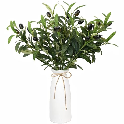 YELIKIT 5PCS Artificial Plants Olive Branch with Ceramic Vase, White Vase with Olive Branches Faux Greenery Stems for Home Office Farmhouse Wedding Table Centerpiece Decor,16.14/41cm Tall Display