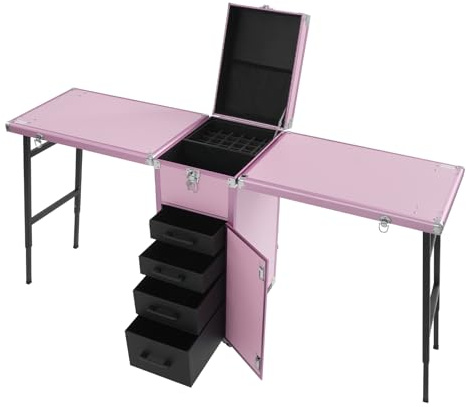 Kosmetisk väska, vagn, vikbar, utbyggbar, 2 bord och 4 lådor med teleskophandtag, kombinationslås, sminkbord, sminkväska, sminkväska, kosmetikaväska, nagelbord, frisörväska, ROSA, modern