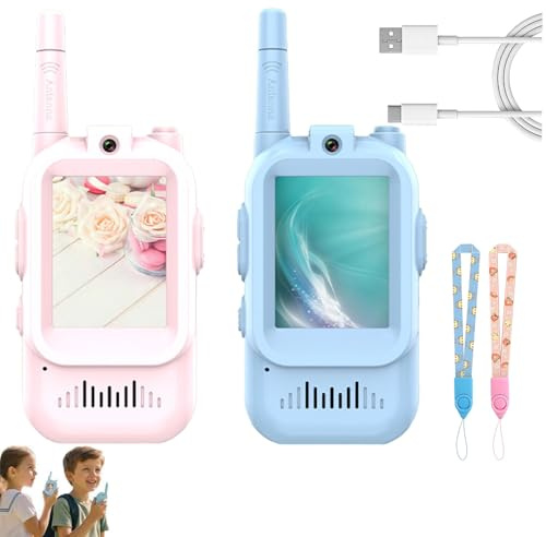 VíDeo Walkie Talkies,NiñOs Llamadas De Larga Distancia,Videotalkies Con Pantalla CáMara,Cambiador Voz Recargable,Para Juegos Familiares,Actividades Al Aire Libre,Camping Y Senderismo(Color:Blue+Pink)