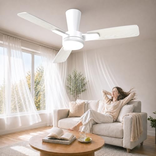 Mefine 106 cm tyst takfläkt med ljus, snäppfäste för fläktblad, takfläkt med fjärrkontroll och dimbar LED-lampa för sovrum och vardagsrum, 6 hastigheter, reversibel DC-motor