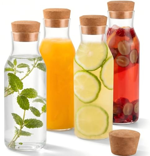 4 caraffa per acqua con tappo in sughero, caraffa in vetro da 1,2 litri, con coperchio per acqua frizzante, frutta, succhi, ristoranti, feste, matrimoni, compleanni, feste, lavabili in lavastoviglie