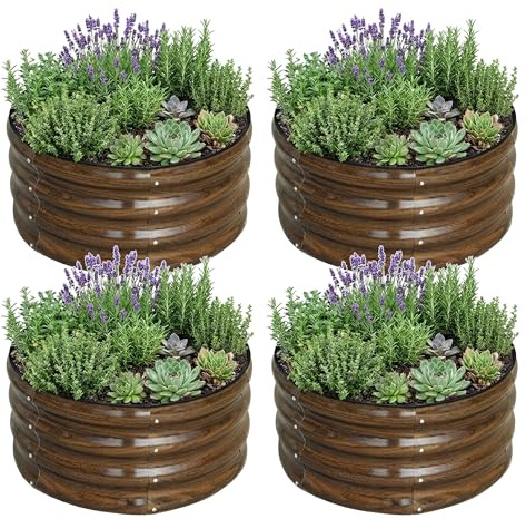 SnugNiture Metal Round Raised Garden Bed,Outdoor,Brown,4Pcs 60x60x30CM | Metal Planter Box ,for Vegetables, Flowers & Herbs, Brown