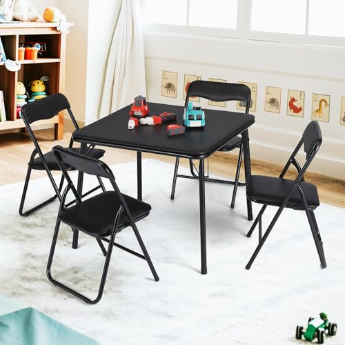 Ensembles Table enfant Pliable avec 4 chaises,Pour Chambre,Salle Classe | Ensembles Table d'activité enfant et Chaises,Carde Metal,Table surface PU,Protection pour le Sol,pour 2-10 Ans(Noir)
