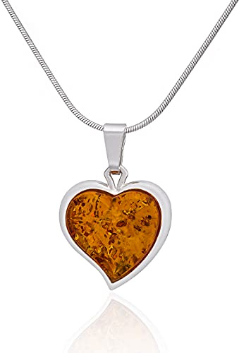 AMBEDORA Collana da donna in argento Sterling con finitura argento lucido, con protezione a forma di cuore, ambra baltica, ciondolo a forma di ambrato, taglia M, su una catena, pronta per un regalo,