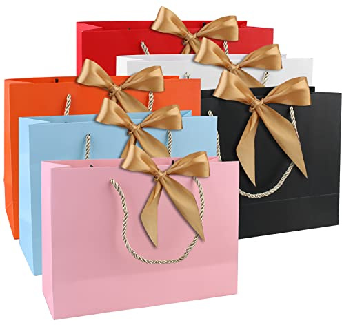 Lot de 6 sacs cadeaux en papier avec ruban d'arc, grands sacs cadeaux avec anse pour anniversaire, mariage, festival, Noël, 28 x 20 x 10 cm, couleur