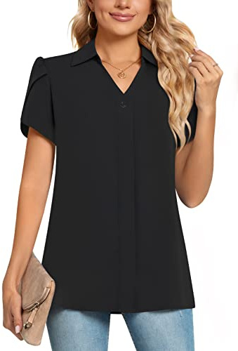 POPYOUNG Ladies Tops Chiffon Blouse Business Tunic Petal Short Sleeve Office Shirts for Work L, Black