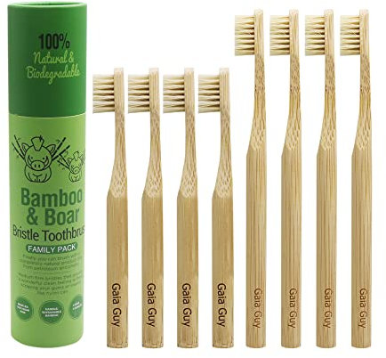 Gaia Guy Lot familial de brosses à dents en bambou à poils naturels (sans nylon – Poils de sanglier uniquement) – Entièrement compostables et biodégradables – Zéro gaspillage – 4 enfants et 4 adultes