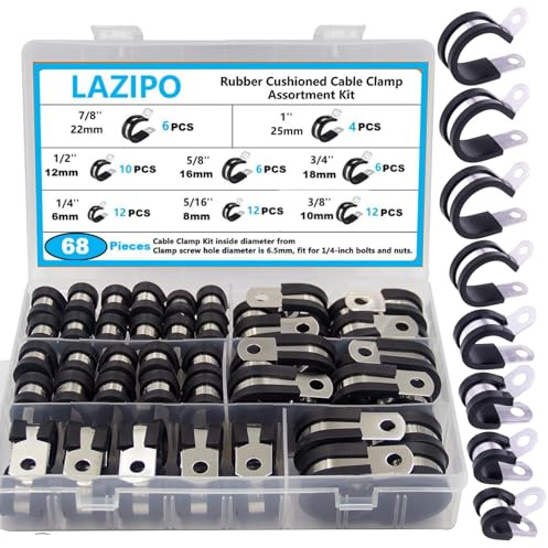 Cable Clamp Assortment Kit, 68 Pieces 304 Stainless Steel Cushion Pipe Clamps Line Clamps Assorted in 8 Size 1/4'' 5/16'' 3/8'' 1/2'' 5/8'' 3/4'' 7/8'' 1'' Come With Durable PP Storage Case with