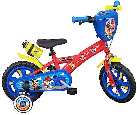 Bicicletta per bambini Paw Patrol da 12' dotata di 1 freno, piastra anteriore decorativa, parafanghi, alloggiamento e 2 stabilizzatori.