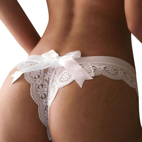 String Sexy Dentelle Femmes avec Nœud Papillon Tanga Chic Hot Culotte Slips Taille Basse Bikini Sous-Vêtements Stretch Panties (FR/ES, Alpha/lettres, S, Taille normale, Taille normale, Blanc)