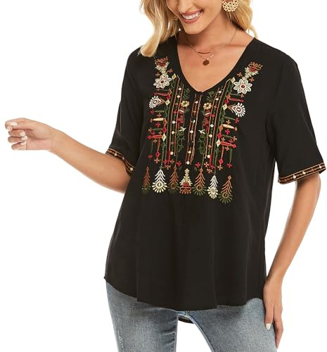 drakloak Blusa bohemia con bordado hippie, ropa para mujer, bohemio, folclore bordado, blusa de manga corta, cuello en V, túnica, verano, 320-negro, L