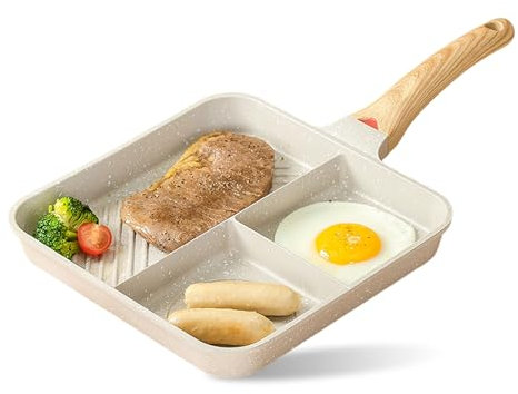 Unoschrim Nonstick Divided Grill Pan, 3-in-1 Egg Pan, Aluminium Square Big Grill Skillet with Bakelite Handle, Versatile Breakfast Grill Pan for Cooking Egg, Steak and Bacon, Induction Compatible