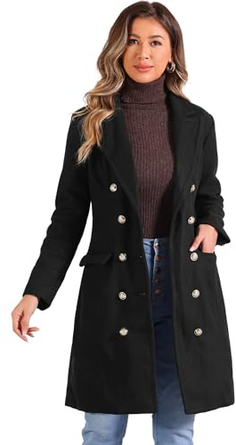 Allegra K Caban Classique Femme à Col Revers Cranté Trench Coat à Double Boutonnage Manteaux D'Hiver Mi-Longs Pardessus avec Poches Noir S