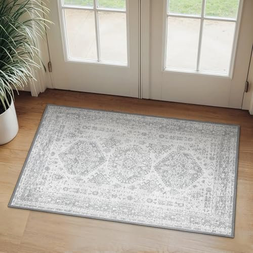 BEIMO Vintage Boho Schlafzimmer Wohnzimmer kurzflor Teppich, Waschbar RutschfestTeppich für Küche Flur Teppich Grau, 60x90cm