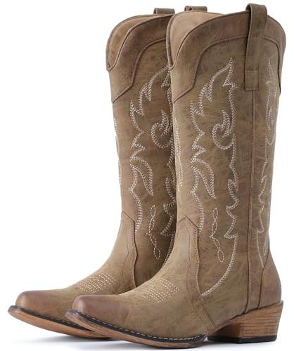 IUV Cowboy Boots for Women Mid Calf Fashion Cowgirl Boots with Embroidery Western Snip Toe