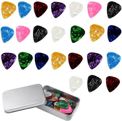 24 Stück Plektrum mit 0,5mm/0,75mm/1,0mm/1,2 mm Dicke, Plectrum für Akustikgitarre, E-Guitar, Ukulele, Bass, Guitar Picks, Zelluloid