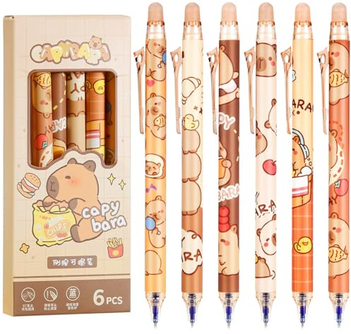 Eymobad 6 bolígrafos Capybara de gel, borrables, de 0,5 mm, con dibujos animados, con animales, borrables, para estudiantes, regalo para la escuela, suministros de oficina, útiles escolares (tinta