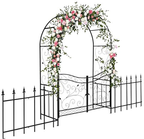 LEADZM Arche de Jardin en Métal pour Plantes Grimpantes et Rosiers, 348x58x220 cm, Arche en Fer avec Portail et clôture, Utilisable pour Mariages, Fêtes et Décorations Extérieures - Noir