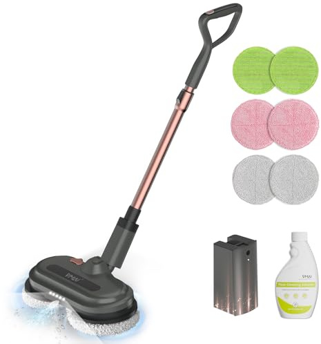 Cordless Electric Mop, Electric Floor Cleaner with Water Sprayer & LED Headlights, Up to 60 mins Lasting Time, Powerful Spin Mop with Extendable Tube, Self-Propelled, Floor Cleaning Solution included