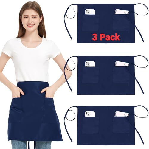 FunChaos 3-pack midjeförkläde med 2 fickor, marinblå servitörservitörförkläden för kvinnor och män, vattentåliga halvserveringsförkläden med långa remmar, bistroförkläde för restaurang, server