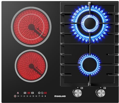 GASLAND GCH604BF 60 cm Gas- und Glaskeramik-Kochfeld, Leistungsstarkes Gaskochfeld 5200 W mit Wokbrenner, Glaskeramik 2900 W, Schwarzes Glas Einbaukochfeld mit 4 Zonen, Erdgas/LPG