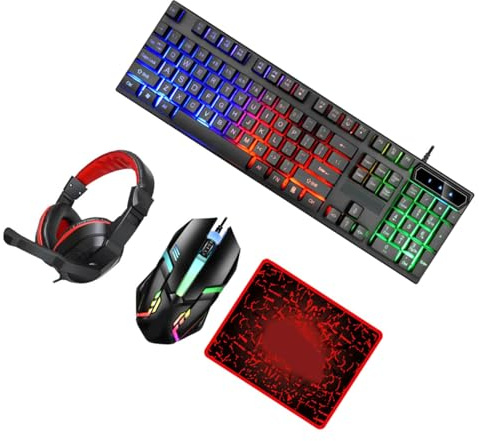 Housoutil Juego de Teclado y Ratón Cable para PC Auriculares para Juegos y Alfombrilla de Ratón Retroiluminados Combo Gaming Ergonómico Compatible Ordenadores y Portátiles Accesorio