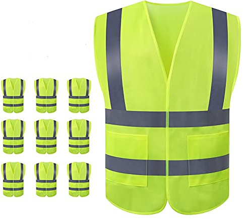 JSungo High Visibility Safety Vest 10 Pack, Yellow Reflective Vest with 2 Inch Hi vis Silver Strip, Construction Vest for Men & Women, Universal Size