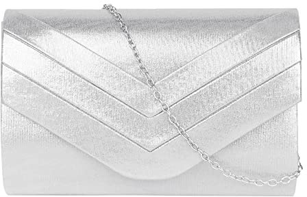 MEGAUK Damen Clutch Elegante Abendtasche Wildleder Handtasche Envelope Tasche Unterarmtasche mit Kette für Hochzeit Wedding Prom Party Silber
