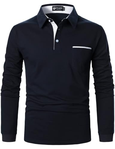 STTLZMC Casual Chemises de Polo pour Hommes à Manches Longues Slim Fit Chemises de Golf rayées avec col Fall Tops 60 Bleu L