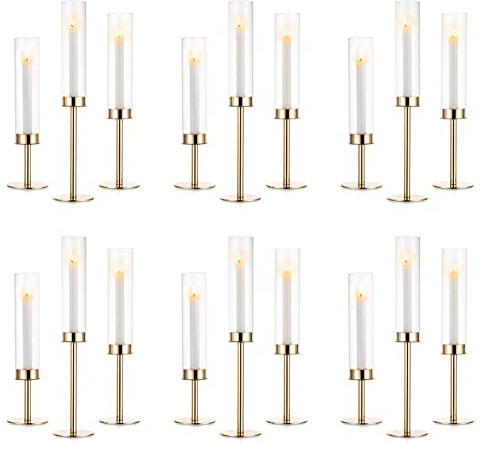 Nuptio Chandelier Ouragan Métal Or - 18 Pièces Chandeliers À Bougies Coniques Pack Supports, Abat-Jour Ouragan Verre Transparent Bougies Coniques Modernes Mariage Table Noël Dîner Cheminée