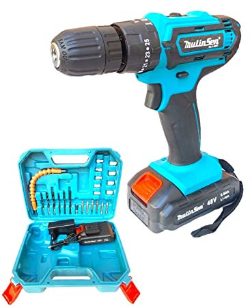 Trapano Avvitatore a Batteria a percussione da 48V 23 Accessori 2 Batterie e 1 Caricatore 2 Velocità 0-1450 RPM Mandrino Autoserrante 10mm Luce LED Per Fai da Te in Valigetta