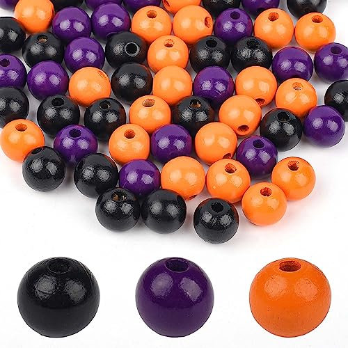 Lezevn 60 perline di legno colorate per Halloween, colore nero, viola, arancione, perline sparse perline rotonde in legno per Halloween, giocattoli per bambini fai da te, per artigianato e decorazione
