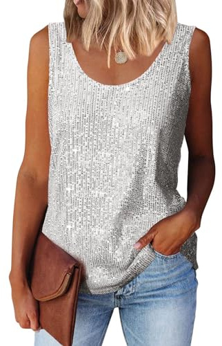 MLEBR Womens Tanks Tops Loose Spring Sequin Top Scoop Neck Sequin Sparkle Shimmer Sleeveless Tanks Tops Blouses Silver L