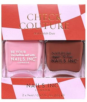 Nails Inc Check Couture Nagellack Duo, Rosa Farbtöne, schnell trocknend, langlebig, hoher Glanz, splitterfest, lufttrocknende Maniküre, tierversuchsfrei, vegan, 2-teiliges Set