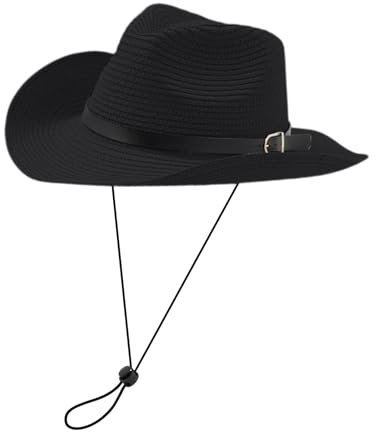 Xiuyer Cowboyhut Strohhut Damen Herren Sonnenhut Sommer Strandhut Westernhut Panama Hut Unisex Cowboy Hut Faltbar Strohhut Krempe Sommerhut (Schwarz)