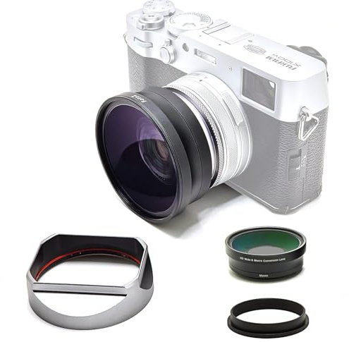 FotoZ Conversion Lens for Fujifilm X100V / X100VI, 49mm 0.75x Wide Angle & Macro 2 in 1 with Lens Hood, Filter Adapter Ring (Silvery)