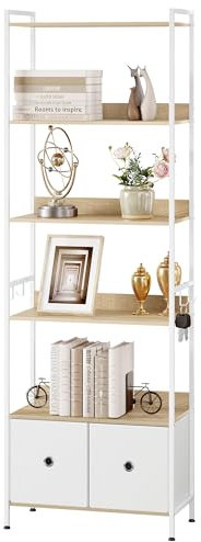 WOLTU Standregal, Bücherregal mit 5 Ablagen 2 Schubladen, stehendes Regal für Wohnzimmer Küche Arbeitszimmer Schlafzimmer, mit Metallrahmen, 63x187x30 cm, helle Eiche + Weiß, RGB62whe