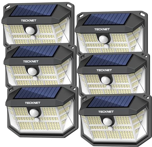 TECKNET Outdoor Solar Light 231 LED, 3 Modes Motion Sensor, Solar Powered Security Light 300° Wide Angle, IP65 Waterproof, Solar Wall Light for Front Door/Fence/Yard/Garage/Garden (6 Pack)