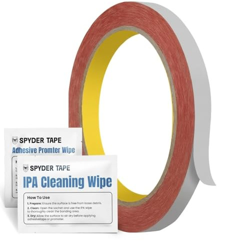 9088 Thin Double Sided Adhesive Tape - High Tack Transparent Mounting Tape for Plastic, Metal, Glass & Smooth Surfaces - Industrial Strength Clear Acrylic Adhesive 6mm x 10m with IPA & Promoter Wipes