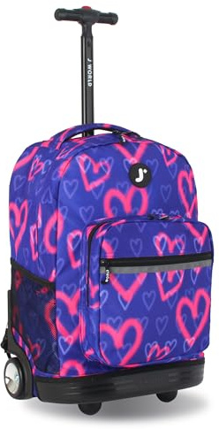 J World New York Sunrise Kids Rolling Backpack for Girls Boys Teenager Scooter Book Bag with Wheels Heart Spray 18 Inch