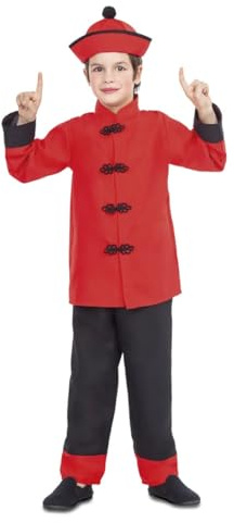 My Other Me - Disfraz chino infantil niño, talla 5-6 años. Incluye sombrero cónico rojo con bordes negros, camisa con nudos chinos y pantalón negro con franja roja. Pequeño gran estilo oriental.
