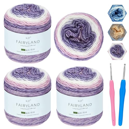 Bafeil Ombre Yarn for Crochet, Wool for Knitting 100g Balls - 4x100g Gradient Yarn 60% Cotton 30% Acrylic 10% Wool with 2 Hooks, DK Cake Yarns for Crochet Baby Blankets, Scarf, Hat and DIY Crafts