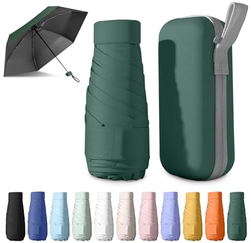 BEKKLPOU 14Cm Mini Regenschirm, Kleiner Regenschirm, Kompakt mit 6 Rippen & Aufbewahrungsbox 210T Stoff, Sonnenschutz (Dunkelgrün)