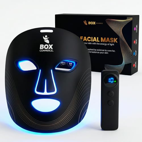 Box Commerce - Maschera LED per il viso professionale, luce rossa e infrarossi per la cura della pelle - Trattamento anti-età con 4 modalità di luce LED per linee di espressione e fermezza