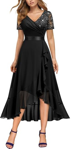 MIUSOL Women's Elegant V-Neck Lace Sequin Chiffon Wedding Guest Formal Evening Party Dress