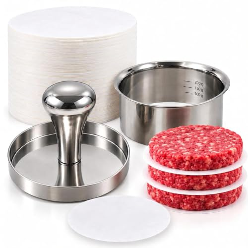 Stainless Steel Burger Press with Patty Ring – Multi-Purpose Meat & Veggie Patty Maker, Smash Burger Press, Food-Grade Stainless Steel, Dishwasher Safe, Gift Box Packaging
