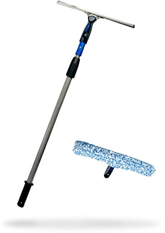 LEWI Fensterreinigungsset mit Teleskopstange (2x60 cm) – Profi Fensterwischer & Fensterabzieher je 35 cm Aluminium-Stange für hohe Fenster & Ecken - inkl. Konus & Gratisprobe GlasRein