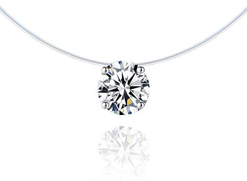 TAILLE AU CHOIX - Collier Invisible Fil Nylon - Solitaire Brillant 6 mm - Finition Argent - Fil de Pêche Invisible Zircon(38)